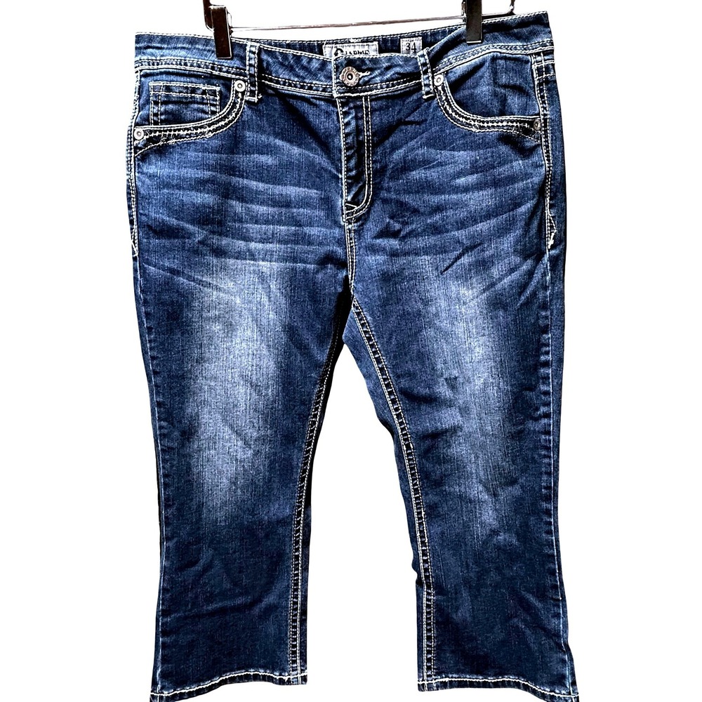 Charme Womens Size 34 Blue Denim Capri Jeans Embellished Embroidered Pockets